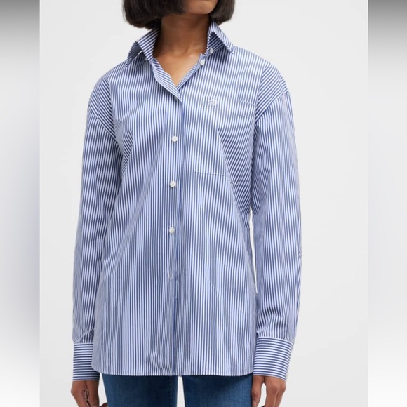 Lafayette 148 - Striped Button Down Long Sleeve Shirt - Blue White - Size M - Picture 3 of 12